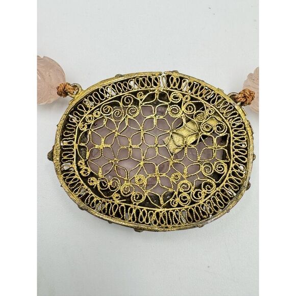 Vintage Antique Carved Rose Quartz Gold Tone Ornate Filigree Collar Necklace 14” - Picture 9 of 14